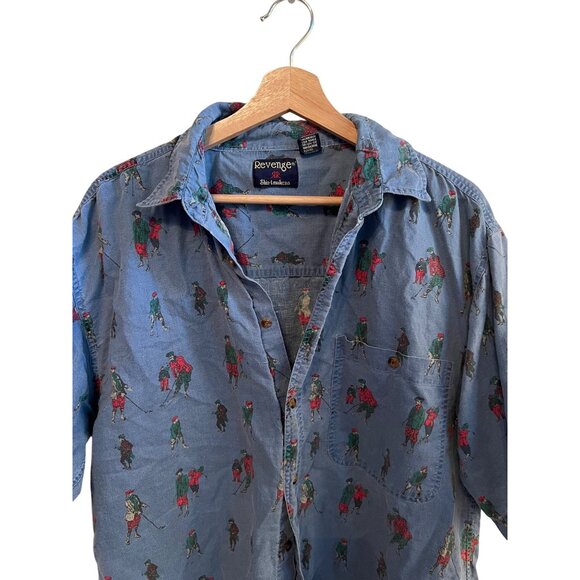 Revenge Golf Print Button Up Short Sleeve Blue Casual Shirt Men's Size M - Picture 2 of 6